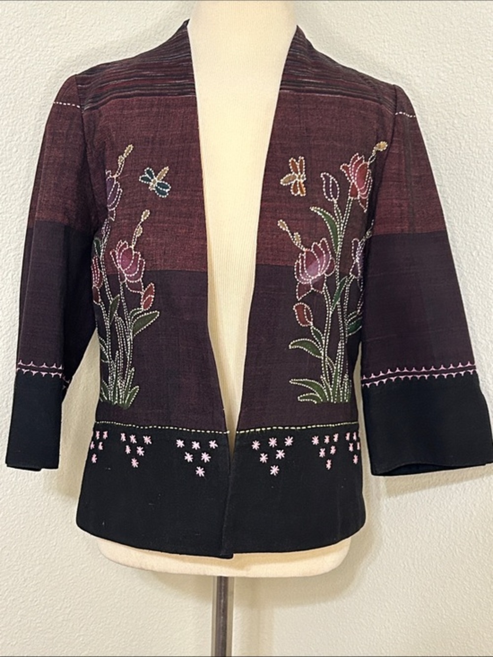 Embroidered Purple Green Accent Open Front Jacket M Medium